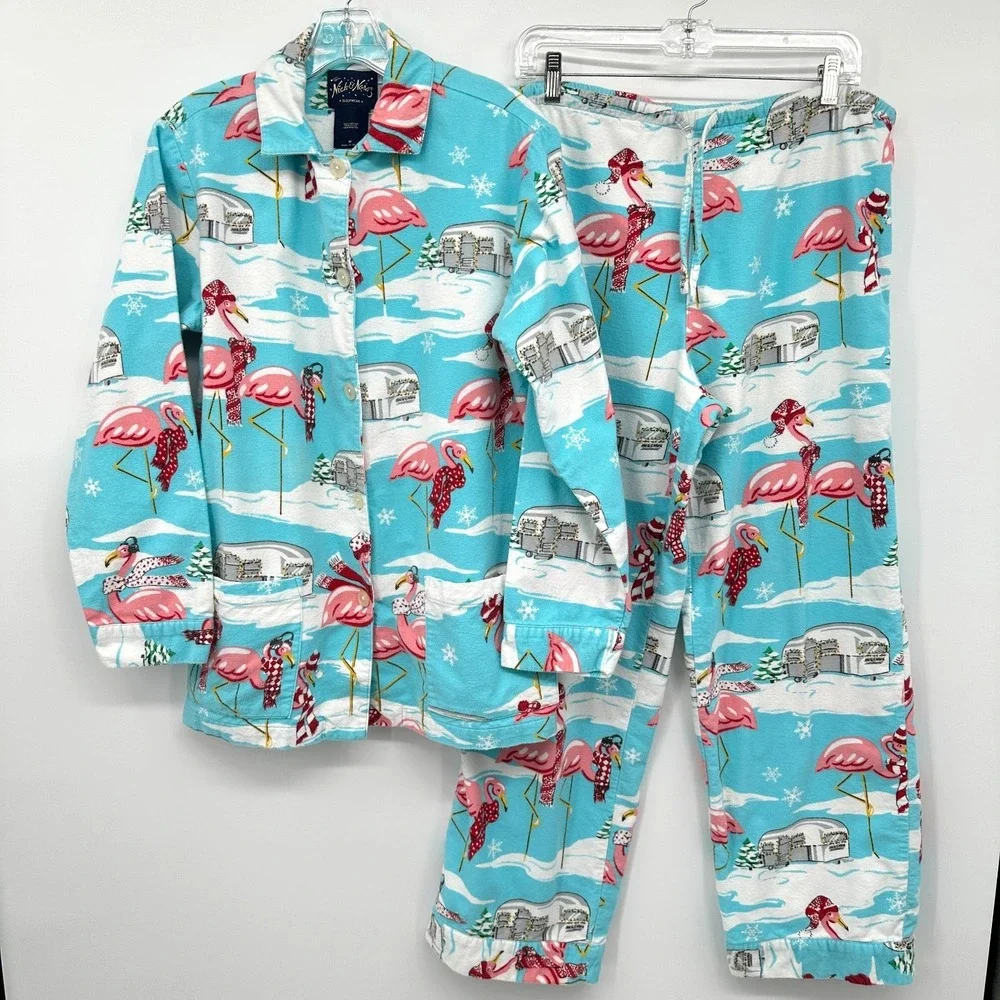 Nick & Nora Pajamas Medium Flannel Flamingo Airstream‎ Camper Set Coastal Boho